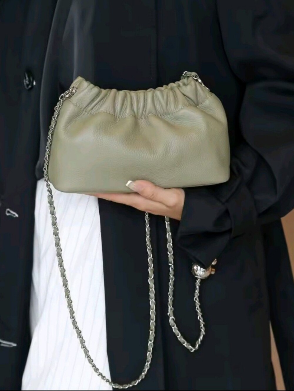 Genuine Split Leather Gathered Shoulder Mini Bag in Light Olive with Chain Strap